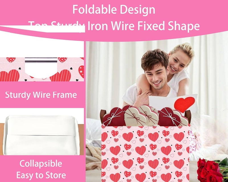 BOOHIT Valentines Day Basket Large Foldable Heart Shaped Storage Box for Gifts Kids Empty Storage Bins Rectangular Toy Organizer Decor (Pink Red Love Pentagram) - Image 5